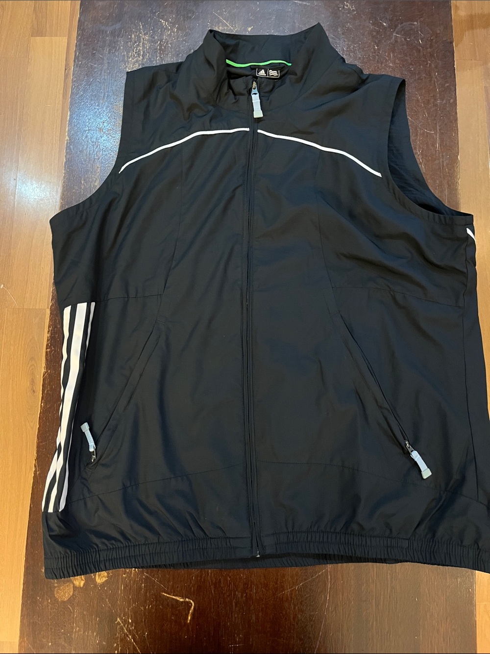 adidas Clima Proof Black Golf Vest with White Stripes and Zip Pockets